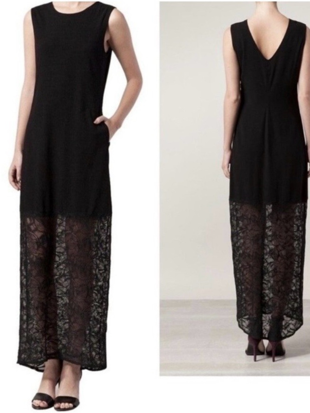 Raquel Allegra Black Sleeveless Maxi Dress with Lace Sheer Skirt Medium